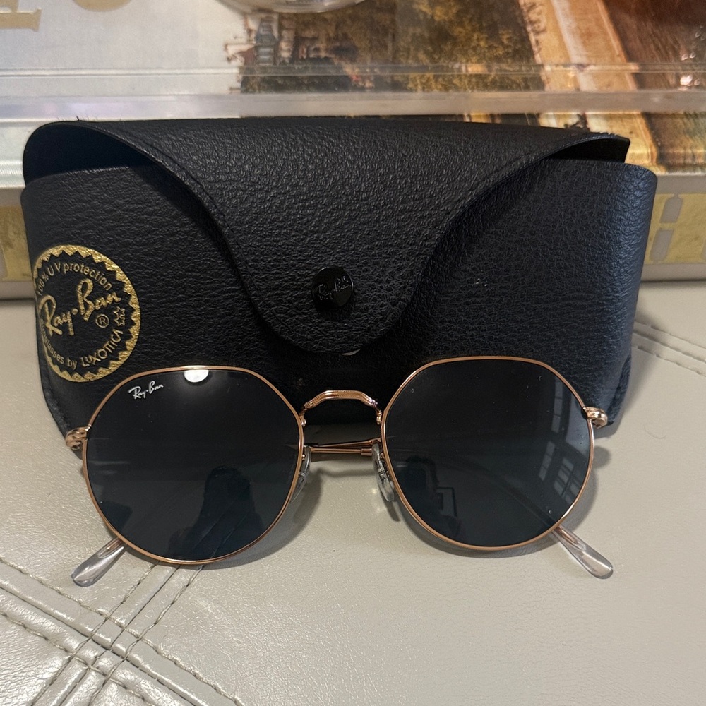 Ray-Ban Hexagonal Sunglasses with Dark Lenses and Rose Gold Frame